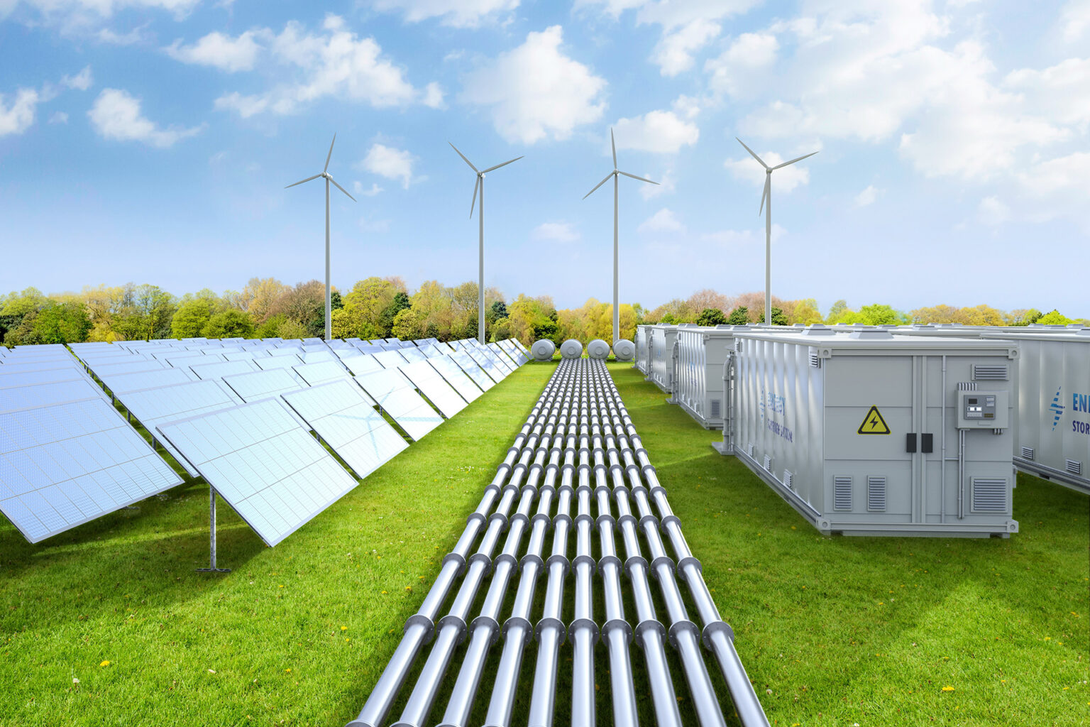 3d rendering amount of energy storage systems or battery container units with solar and turbine farm